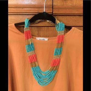 Pink, Gold and Turquoise Beaded Necklace